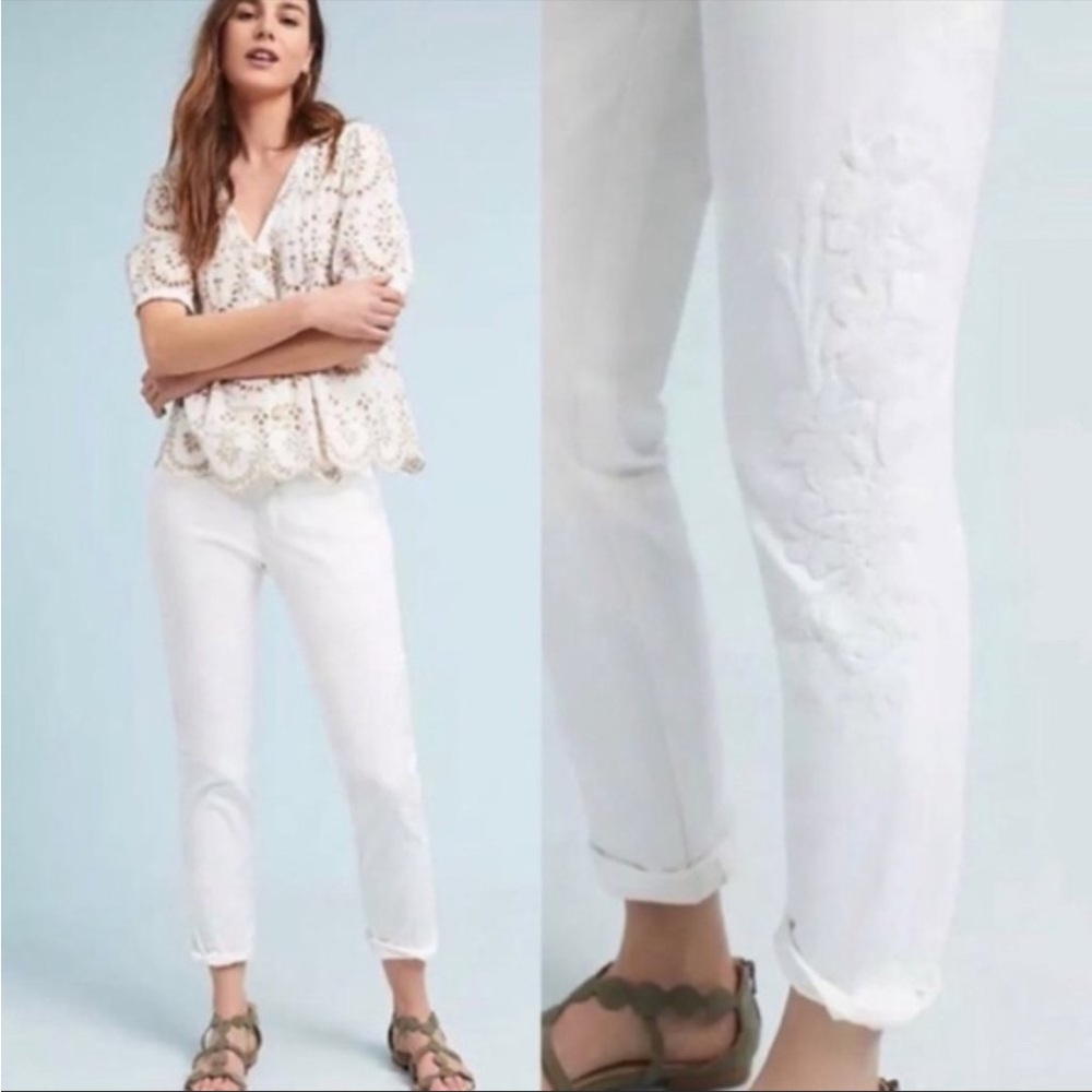 Anthropologie Chino Pant Tonal Embroidery White 26 Mid-Rise Straight Leg Slim